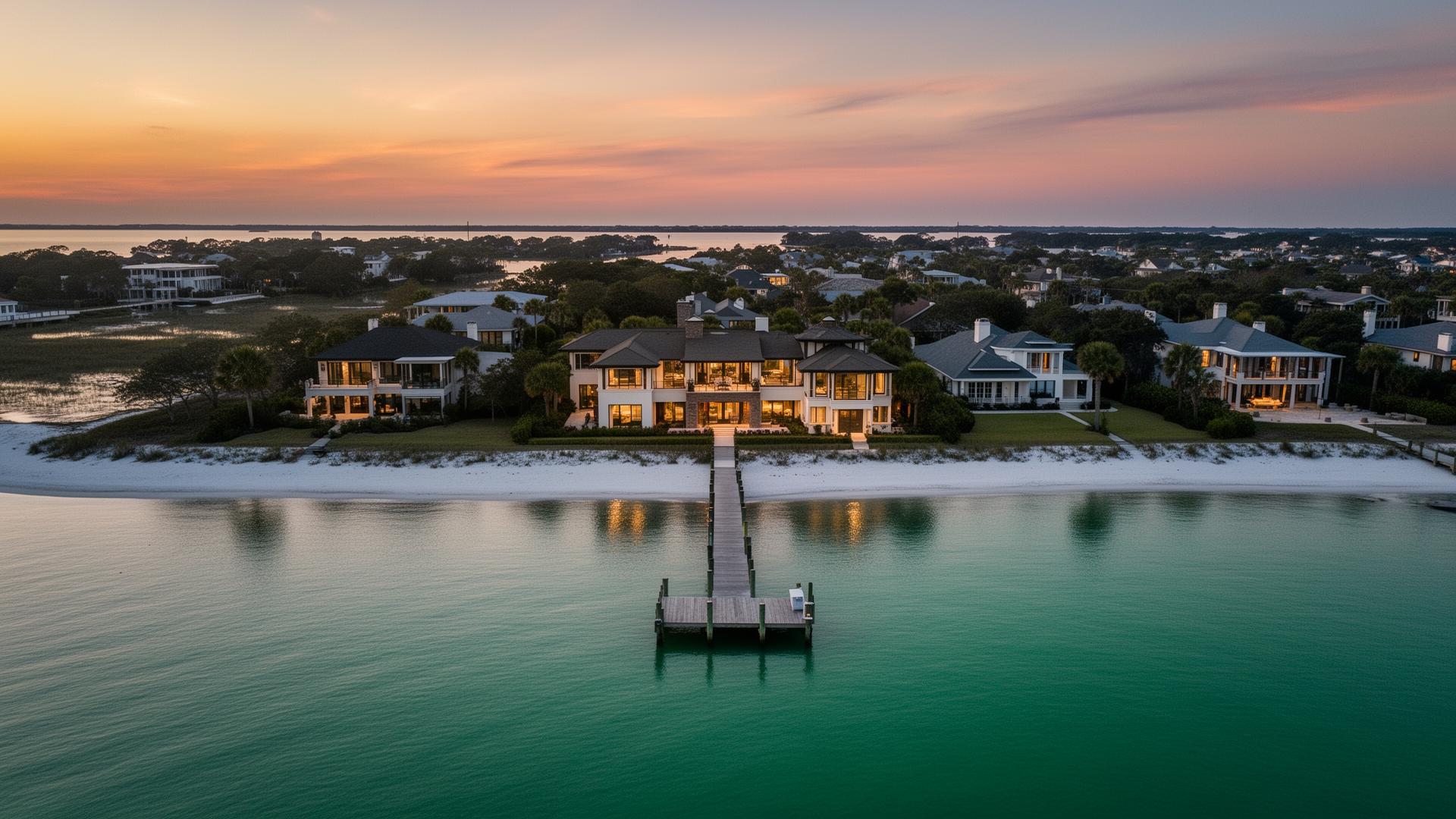 Luxury waterfront estate on the Alabama Gulf Coast at twilight